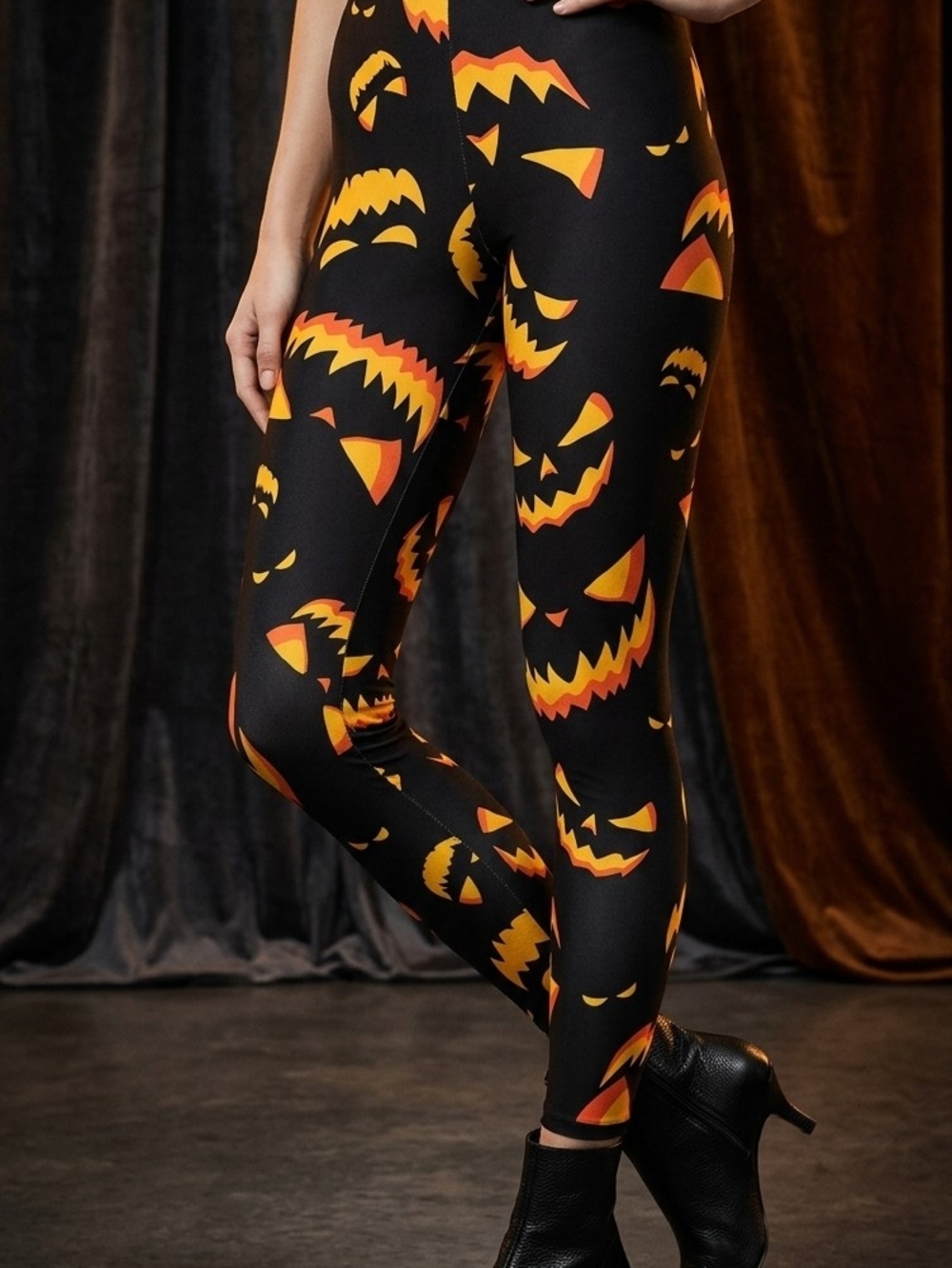 No Boundaries Black Leggings with Orange & Yellow Faces Print